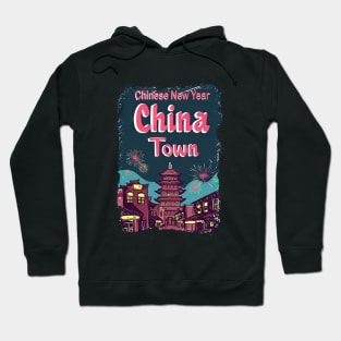 ChinaTown II: Retro Synthwave Fireworks - Vibrant Blues, Reds, and Yellows Hoodie